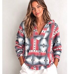 Faherty Baja Hoodie Pullover Long Sleeve Shirt in Southwestern Print Red Blue